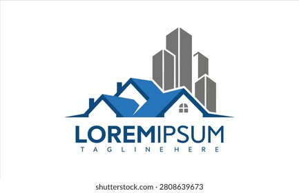 Modern vector graphic illustration of a blue and gray house with city buildings behind it and Loremipsum text