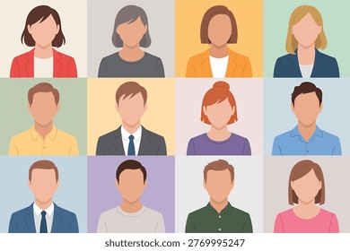 A modern vector graphic illustration showcasing a diverse grid of twelve anonymous male and female user avatars. This professional collection features various hairstyles and business casual attire, ideal for profile pictures, team rosters, and digital identity representations, emphasizing diversity and inclusivity in corporate or social contexts.