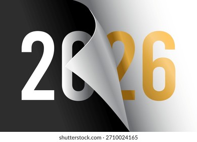 Modern vector graphic showing the turning of a paper page to reveal the elegant gold and white numbers for the New Year 2026.