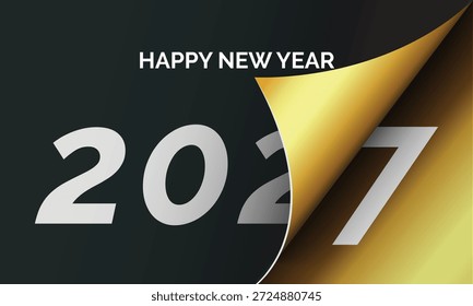 Gráfico de Vector moderno que muestra el giro de una página de papel para revelar los elegantes números dorados y blancos para el Nuevo año 2027.

