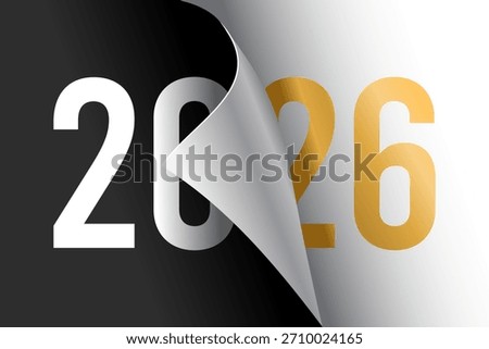Modern vector graphic showing the turning of a paper page to reveal the elegant gold and white numbers for the New Year 2026.