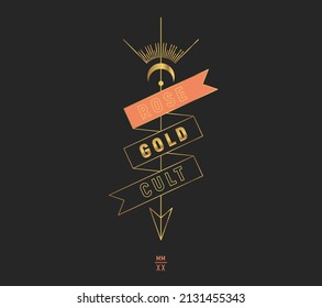Modern vector graphics with mystical symbols. Arrow with symbols of the moon and light in a paper ribbon with inscriptions. Gold Line Art with pink elements on a black background.