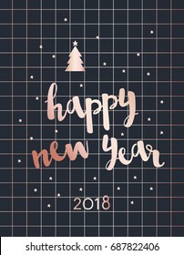 Modern vector greeting card Happy New Year with a tree and stars. calligraphy lettering. Rose pink gold.