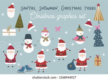 Modern vector hand drawn Christmas clipart, snowman, christmas tree, Santa Claus, gift box, snowflakes