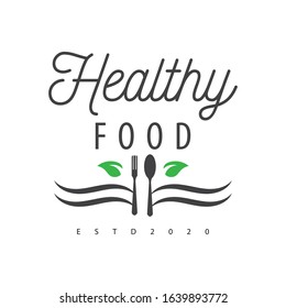 modern vector healthy food with cutlery and fresh leaves and unique lines.