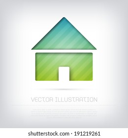 Modern vector home icon with bright colorful striped background. Cut out style with inner shadow.
