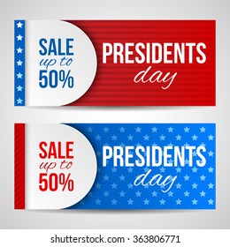 Modern vector horizontal banners, page headers with text for Presidents Day. Banners with stripes and stars in the colors of the American flag. Sale, discount theme. Presidents Day Sale.