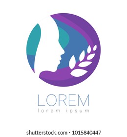 Modern vector Human silhouette in circle logotype isolated on white background. Violet and blue colors. Man head and leaves. Health symbol. Concept design for web, clinic, school, education. Creative