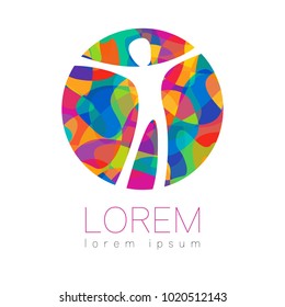 Modern vector Human silhouette in circle logotype isolated on white background. Rainbow bright colors. Man happy inside. Health symbol. Concept design for web, clinic, school, education. Creative.