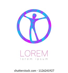 Modern vector Human silhouette in circle logotype isolated on white background. Blue pink colors. Man happy inside. Health symbol. Concept design for web, clinic, school, education. Creative