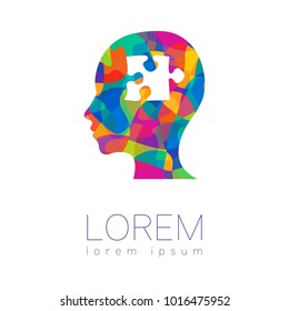 Modern vector Human silhouette head with puzzle inside. logotype isolated on white background. Rainbow bright colors. Health symbol. Concept design for web, clinic, school, education. Creative.