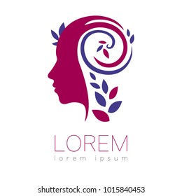Modern vector Human silhouette logotype isolated on white background. Violet and blue colors. Man head and leaves. Health symbol. Concept design for web, clinic, school, education. Creative icon.