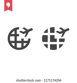 Modern vector icon of airplane flight, travelling around the world, vacation trip . Premium quality vector illustration concept. Flat line icon symbol. Flat design image isolated on white background.