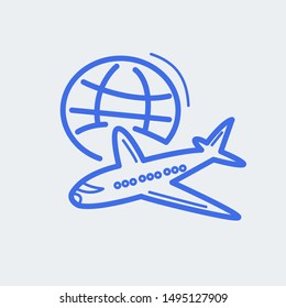 Modern vector icon of airplane flight, travelling around the world, vacation trip . Premium quality vector illustration concept. Flat line icon symbol. Flat design image isolated on white background.