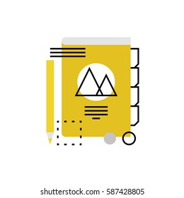 Modern vector icon of brand book layout, promo materials, editing and making notes. Premium quality vector illustration concept. Flat line icon symbol. Flat design image isolated on white background.