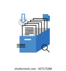 Modern vector icon of business documents, archive papers drawer, catalog search. Premium quality vector illustration concept. Flat line icon symbol. Flat design image isolated on white background.
