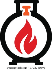 Modern vector icon of circular gas tank with orange valve and red flame. Perfect for energy companies, gas delivery, HVAC services, welding, and industrial branding.
