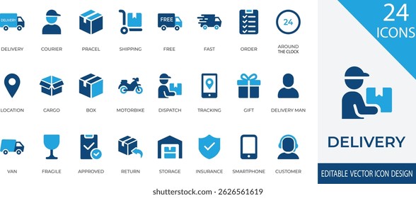 Una moderna colección de íconos del Vector centrada en la entrega y la logística. Incluye mensajero, paquete, envío, seguimiento, artículos frágiles y más. App de logística y servicios de entrega urgente.
