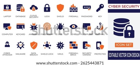 A modern vector icon collection focusing on cyber security elements including password protection, firewall, malware defense, cloud security, data breach, and digital privacy. Perfect for IT, antiviru