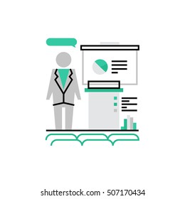 Modern vector icon of conference meeting, visual presentation and infographics. Premium quality vector illustration concept. Flat line icon symbol. Flat design image isolated on white background.
