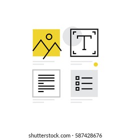 Modern vector icon of content design, graphic designer toolbar and website elements. Premium quality vector illustration concept. Flat line icon symbol. Flat design image isolated on white background.