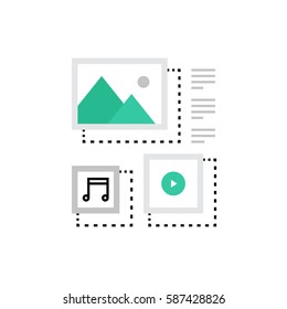 Modern vector icon of content management system, blogging and multimedia files. Premium quality vector illustration concept. Flat line icon symbol. Flat design image isolated on white background.