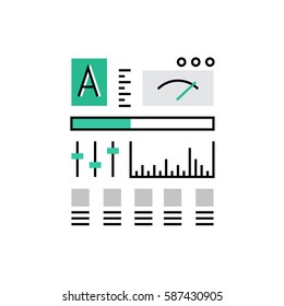 Modern vector icon of dashboard panel, control panel with fader, knobs and bars. Premium quality vector illustration concept. Flat line icon symbol. Flat design image isolated on white background.