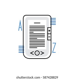 Modern vector icon of ebook technology, digital reading device and learning. Premium quality vector illustration concept. Flat line icon symbol. Flat design image isolated on white background.