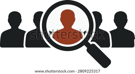 Modern vector icon featuring a magnifying glass highlighting a user among a group of people, representing customer search, user identification, recruitment, talent acquisition, audience targeting, and profile selection. Ideal for websites, mobile apps, HR platforms, CRM systems, presentations, and business infographics.