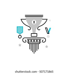 Modern vector icon of first place winner, gold award trophy and champions cup. Premium quality vector illustration concept. Flat line icon symbol. Flat design image isolated on white background.