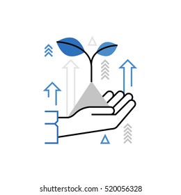 Modern vector icon of growing company from, increase process, holding plant sprout. Premium quality vector illustration concept. Flat line icon symbol. Flat design image isolated on white background.