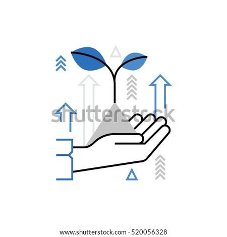 Modern vector icon of growing company from, increase process, holding plant sprout. Premium quality vector illustration concept. Flat line icon symbol. Flat design image isolated on white background.
