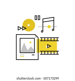 Modern vector icon of multimedia files, media content and web player elements. Premium quality vector illustration concept. Flat line icon symbol. Flat design image isolated on white background.