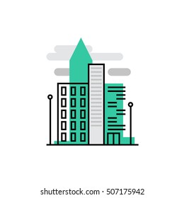 Modern vector icon of office buildings  and downtown urban architecture . Premium quality vector illustration concept. Flat line icon symbol. Flat design image isolated on white background.