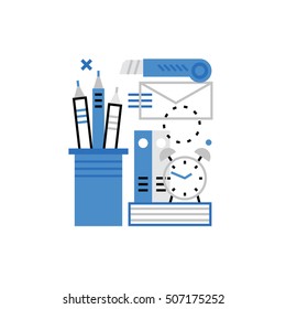 Modern vector icon of office tools, desktop accessories, stationery objects. Premium quality vector illustration concept. Flat line icon symbol. Flat design image isolated on white background.
