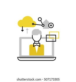 Modern vector icon of online outsourcing, cloud management, remote freelance job. Premium quality vector illustration concept. Flat line icon symbol. Flat design image isolated on white background.