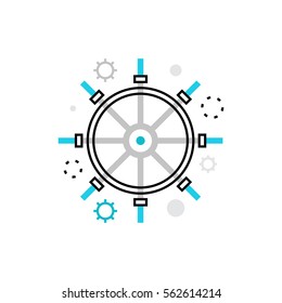 Modern vector icon of process controlling, business management and steering wheel. Premium quality vector illustration concept. Flat line icon symbol. Flat design image isolated on white background.