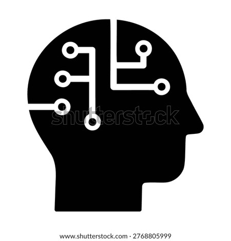 Modern vector icon representing AI-powered translation and language processing. The design features a human head silhouette combined with circuit lines, symbolizing artificial intelligence, machine learning, and multilingual communication. Clean black style suitable for apps, websites, language tools, tech branding, and digital platforms. Fully scalable and easy to edit for various creative uses.