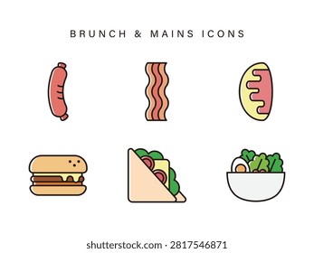 Modern vector icon set of brunch menu items including burger, sandwich, omelet, sausage, bacon, and salad bowl. Great for restaurant menus, food delivery apps, and culinary designs.