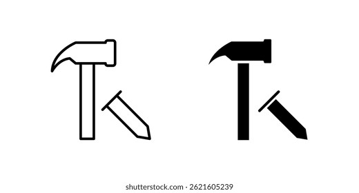 A modern vector icon set featuring hammers and nails, suitable for construction and DIY designs.