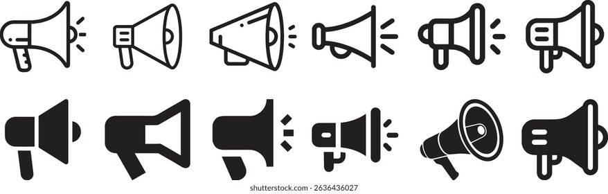 A modern vector icon set featuring various styles of megaphones and loudspeakers in flat and outline designs. Ideal for marketing, announcements, promotion campaigns, social media.