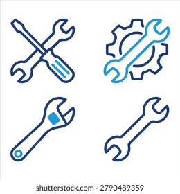 A modern vector icon set featuring four distinct industrial repair and technical service line graphics isolated against a white background. The clean, professional composition includes a crossed spanner wrench and screwdriver, a wrench overlapping a mechanical gear cogwheel, an adjustable crescent wrench, and a standard double open-ended spanner. Designed with a sleek dual-tone blue outline style, this collection is perfect for mechanic workshop branding, plumbing and engineering service websites, construction hardware apps, and technical configuration settings menus.