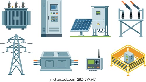 Modern vector icon set featuring essential electrical power infrastructure including a transformer, control cabinet, solar inverter, substation equipment, transmission tower, distribution box, wireless controller, and safety enclosure. Ideal for renewable energy, power engineering, utility companies, smart grid applications, and industrial design projects.