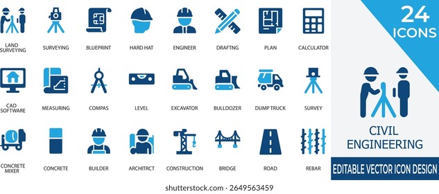 Um moderno conjunto de ícones vetoriais ilustrando elementos centrais da engenharia civil, incluindo levantamento de terras, veículos de construção e planejamento estrutural. Perfeito para uso em apresentações de engenharia, 