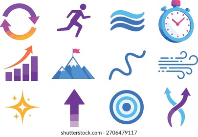 Conjunto de iconos de Vector moderno que ilustra varios conceptos de progreso, velocidad, crecimiento empresarial, logro de objetivos y mejora continua para empresas dinámicas