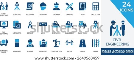 A modern vector icon set illustrating core elements of civil engineering including land surveying, construction vehicles and structural planning. Perfect for use in engineering presentations, 