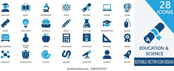 Um moderno conjunto de ícones vetoriais representando conceitos de educação, ciência, pesquisa e inovação. Perfeito para aplicativos, sites, apresentações e plataformas de ações que precisam de um visual acadêmico e científico claro