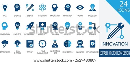 A modern vector icon set representing key concepts of innovation and creativity including ideas, invention, design thinking, inspiration, development, brainstorming, and engineering solutions. 