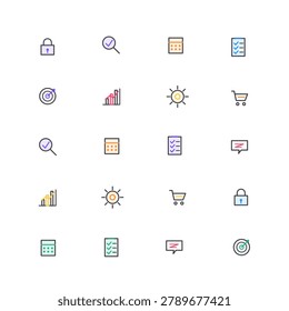 Modern vector icon set with varied thematic outline symbols arranged in a clean grid
