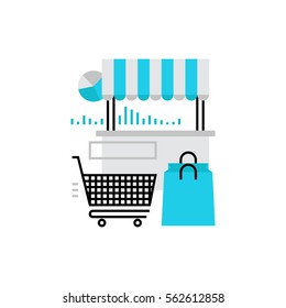 Modern vector icon of shelf outside the grocery store, shopping bag and cart. Premium quality vector illustration concept. Flat line icon symbol. Flat design image isolated on white background.
